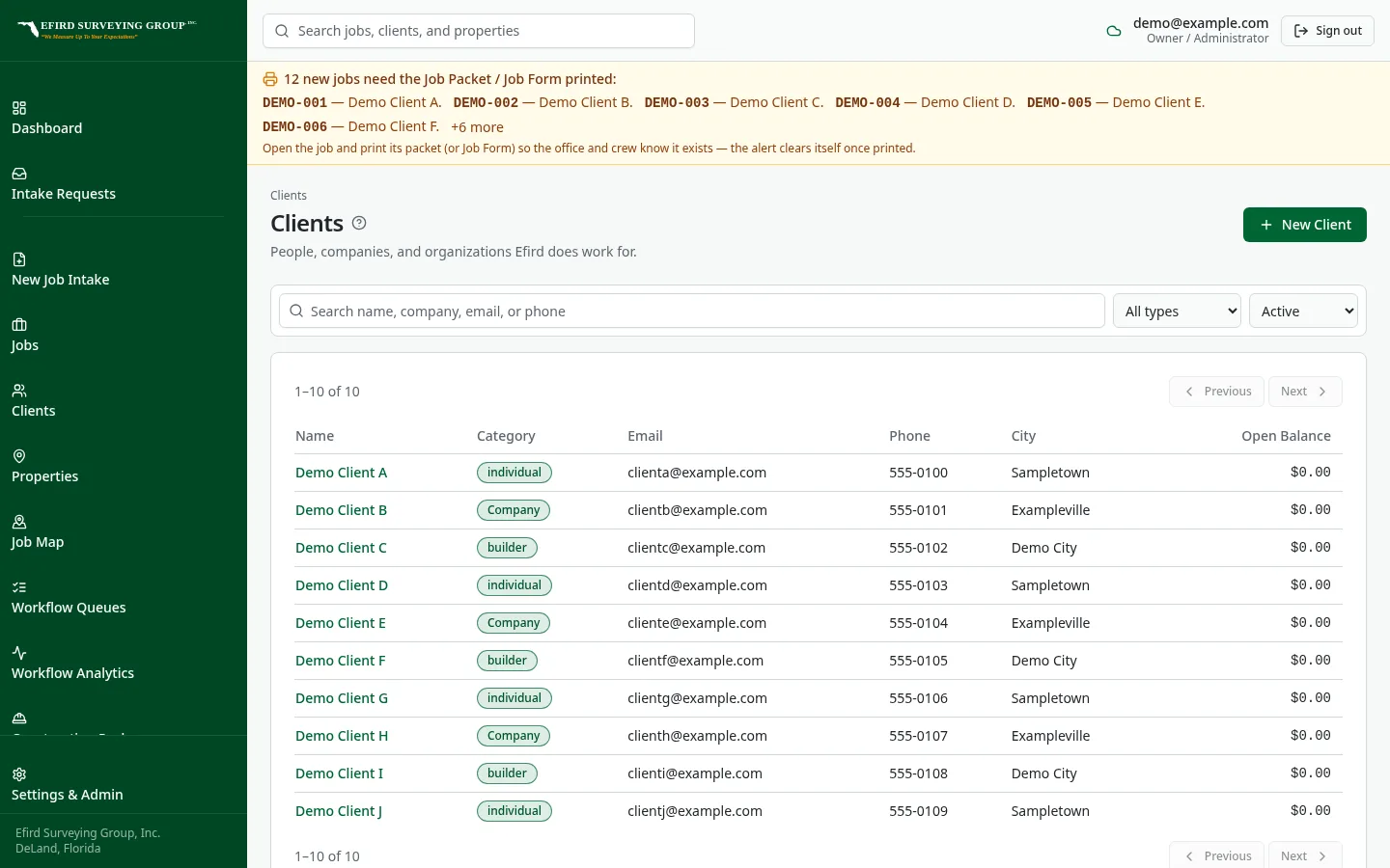 Efird Surveying Group custom software: Client accounts with an open balance column
