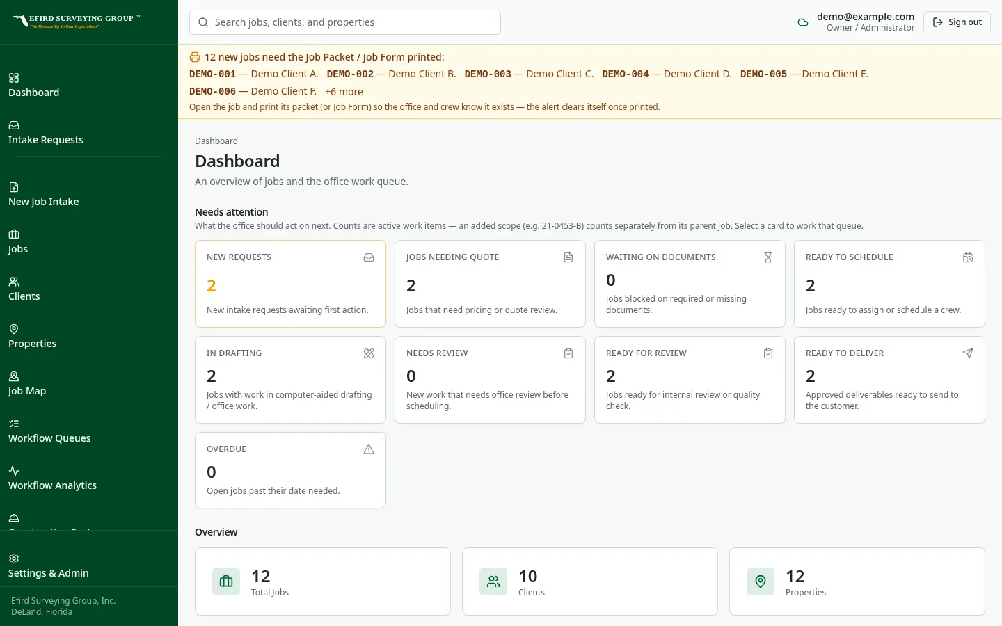 Efird Surveying Group custom software: Operations dashboard for the office manager