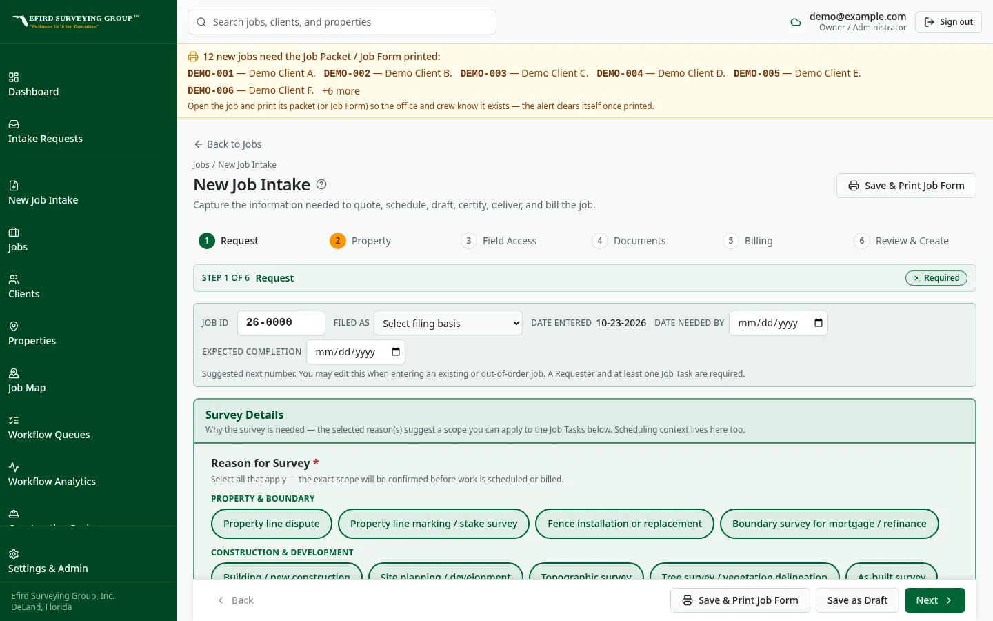Efird Surveying Group custom software: Structured job intake for quoting and billing