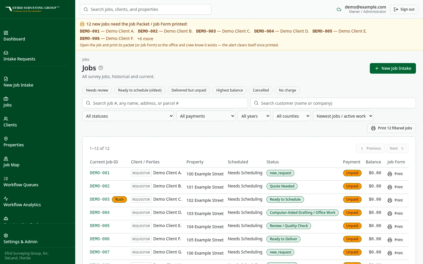 Efird Surveying Group custom software: Job management with payment status beside each job